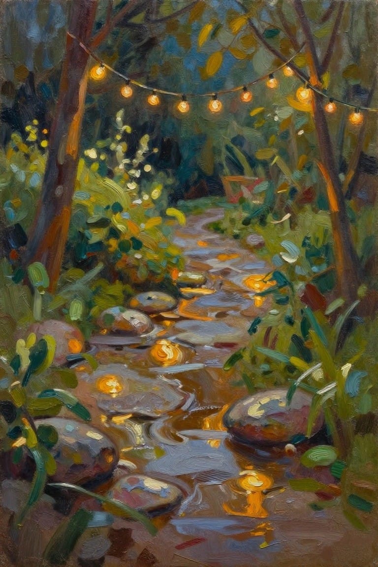 An oil painting of a winding garden path with stepping stones over water, trees on both sides, and string lights hanging above with reflections on the wet stones.