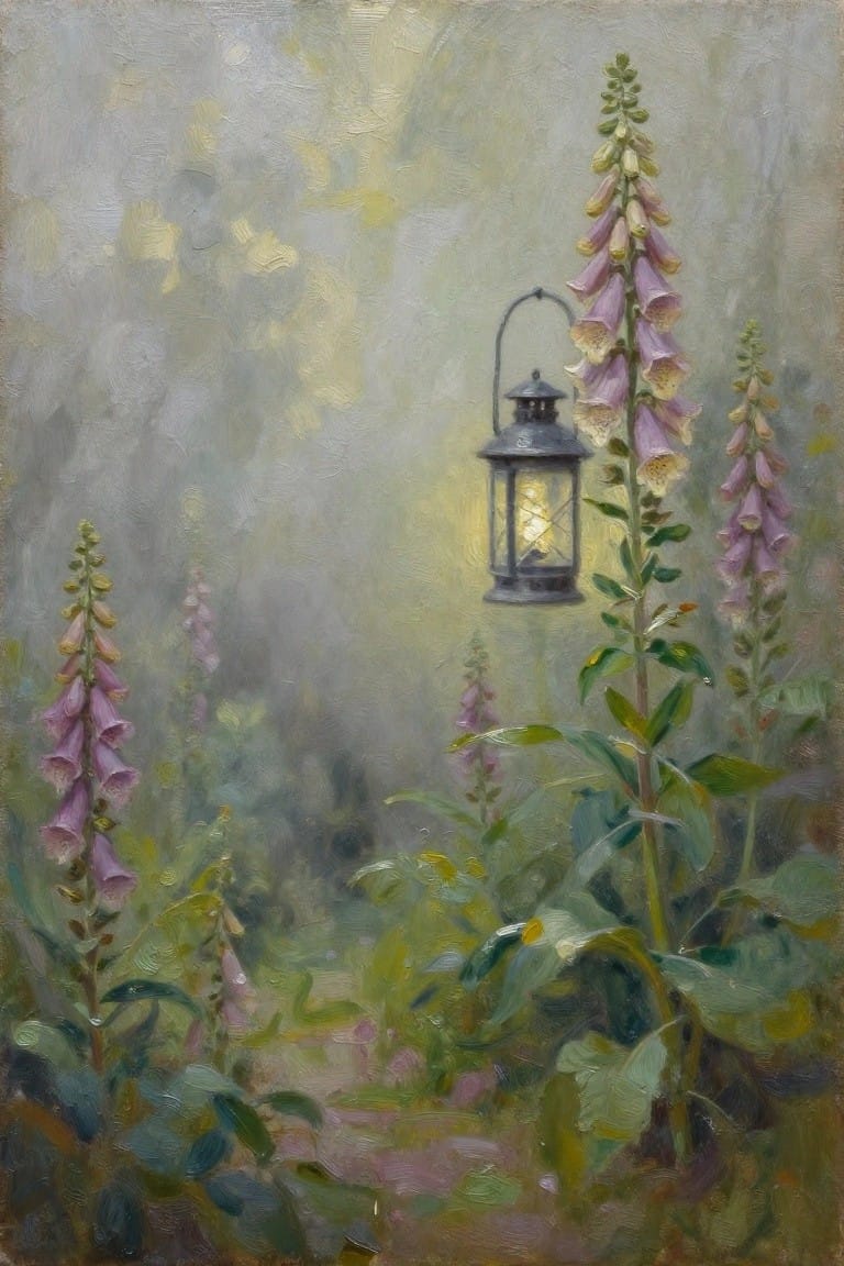 Glowing lantern hangs among tall purple foxgloves in misty garden painting.
