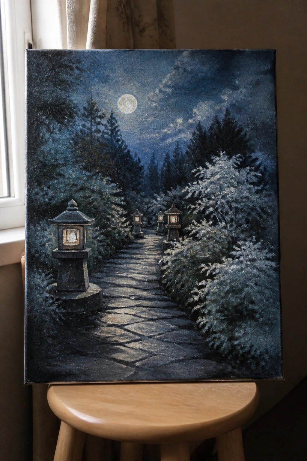 Oil painting of moonlit stone path lined with glowing lanterns amid snowy trees and full moon.