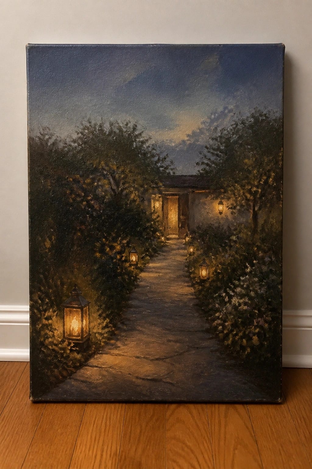 Painting of lantern-lit stone path winding through dark foliage to a house at night.