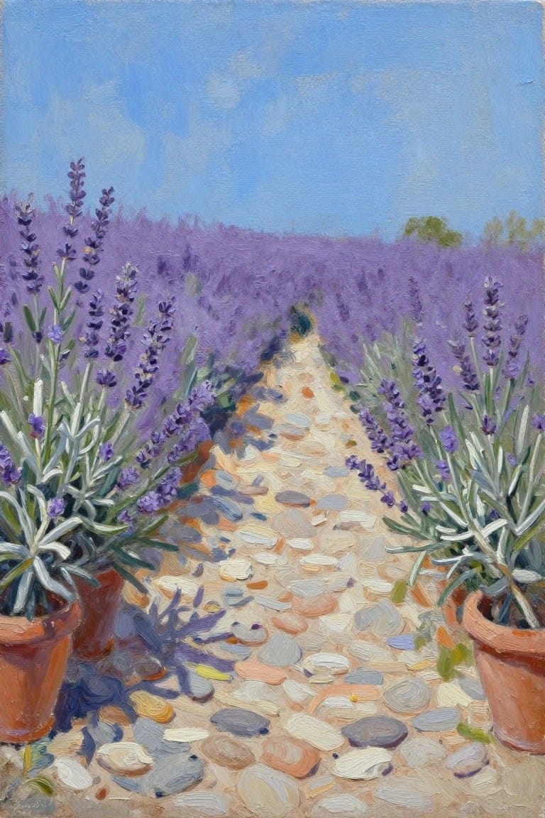 Stone path through lavender field with potted plants under blue sky.