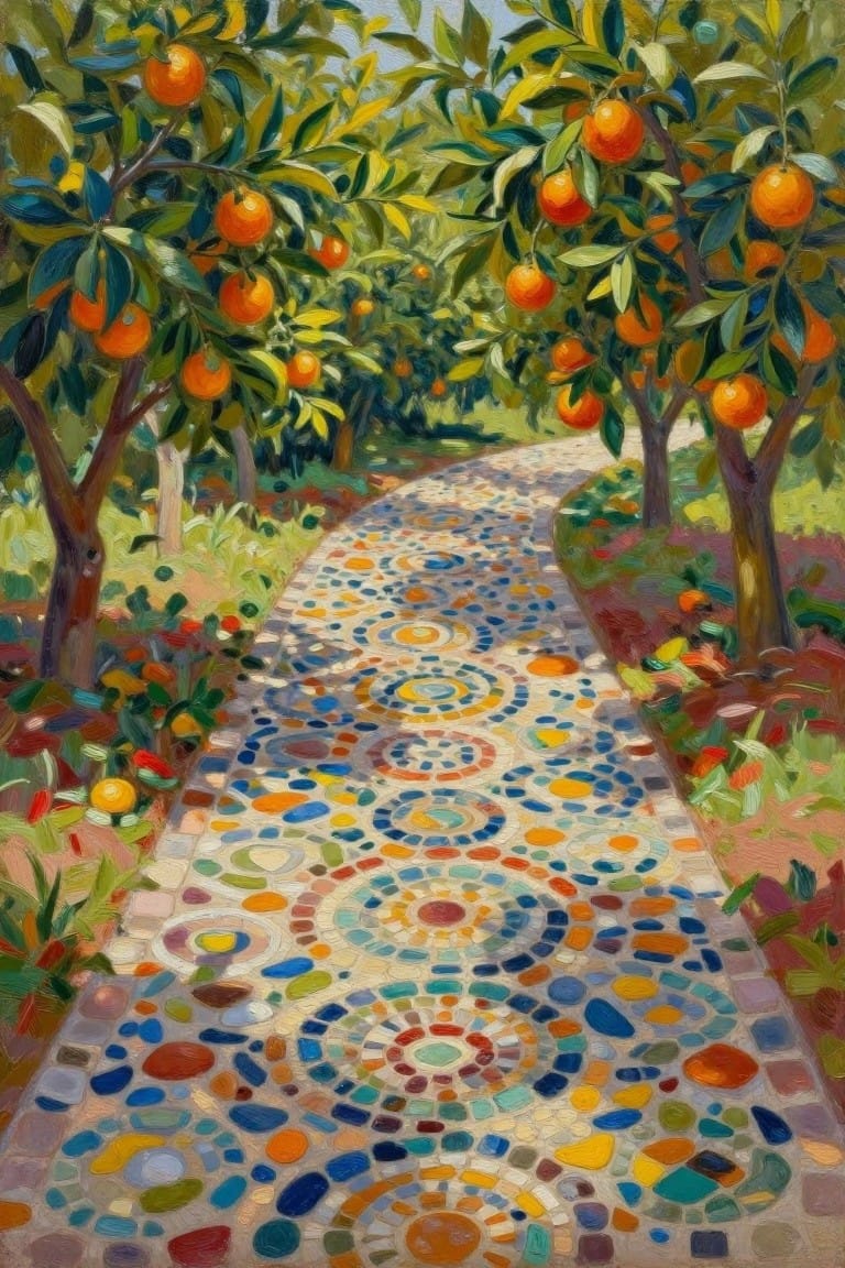 Winding colorful mosaic path through orchard of orange trees with ripe fruit.