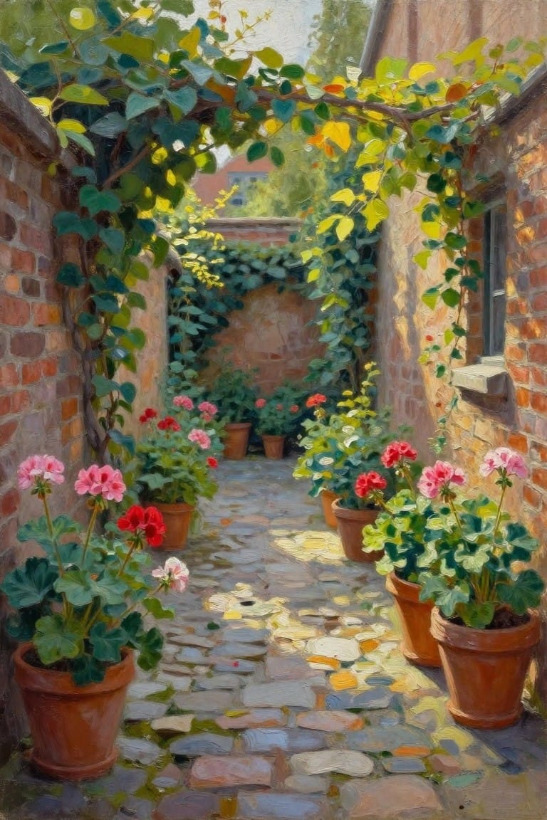 Sunlit cobblestone alley lined with potted red and pink geraniums under vine-covered brick walls