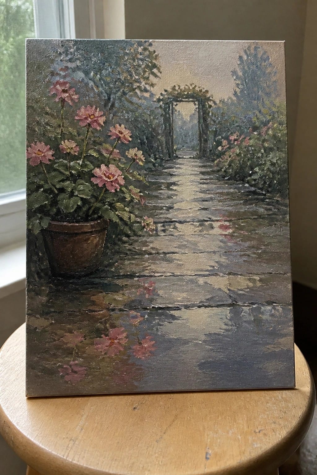 Oil painting of stone garden path with pink flowers and vine-covered archway.