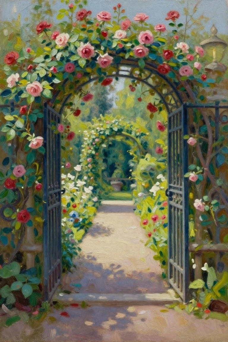 An oil painting of an open metal gate under a rose-covered arch that leads down a flower-lined garden path with more arches visible in the distance.
