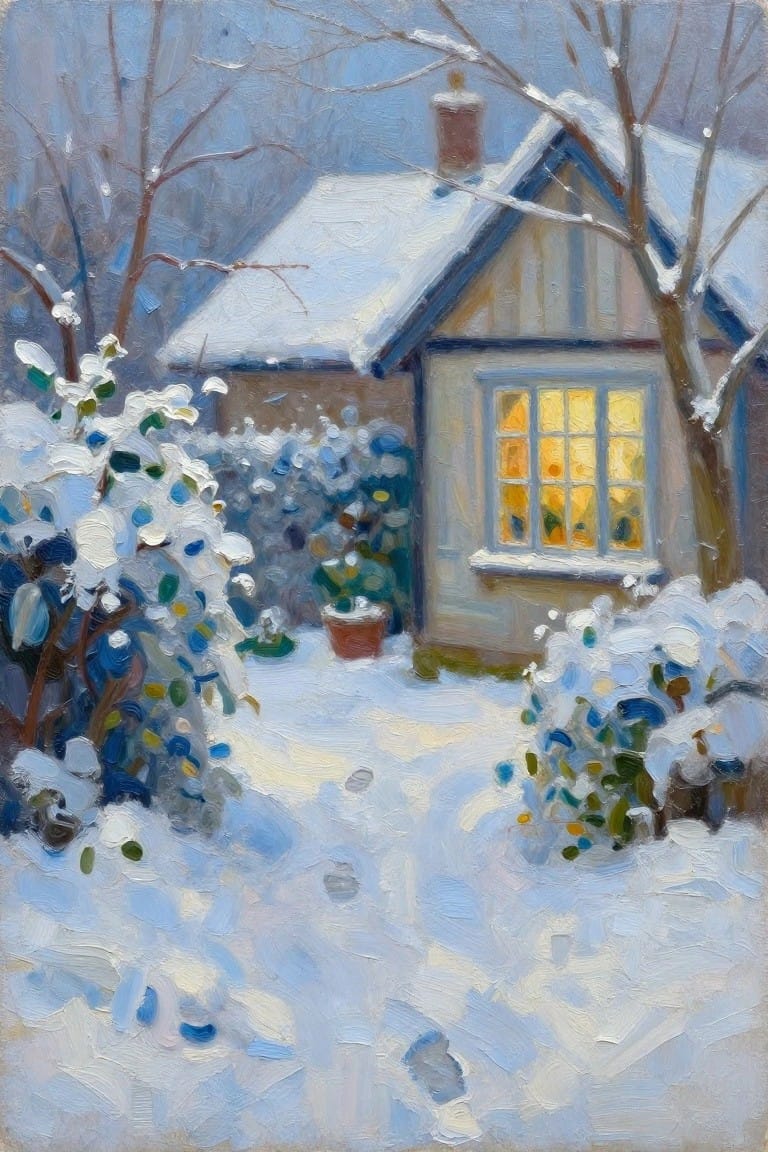 An oil painting shows a snow-covered path leading past bushes to a small house with a glowing yellow window and snow on the roof and trees.