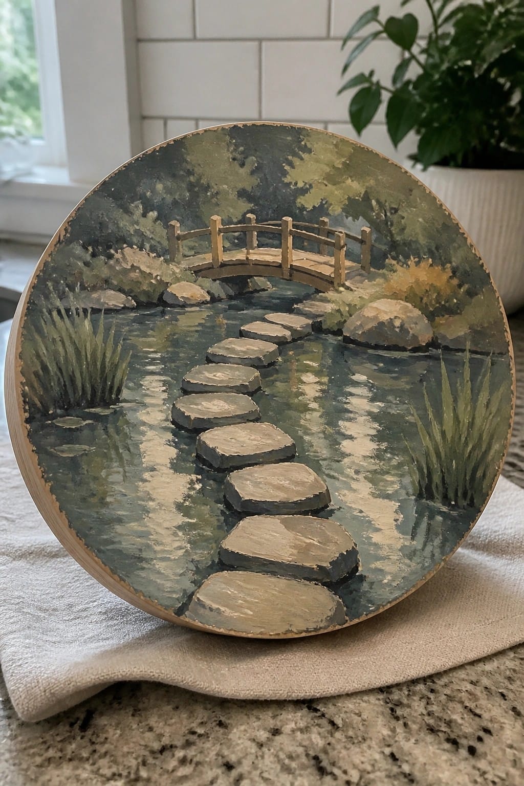 A round oil painting shows stepping stones crossing a pond toward a wooden bridge, with rocks and plants along the edges.