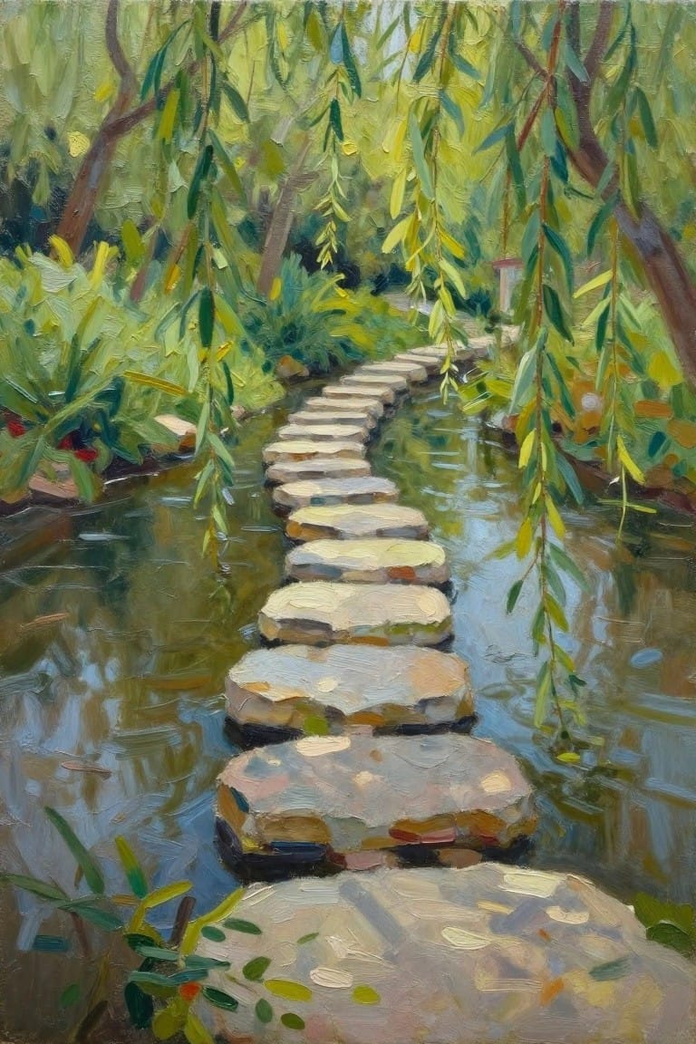 Stepping stones curve across a leafy green pond amid hanging branches.