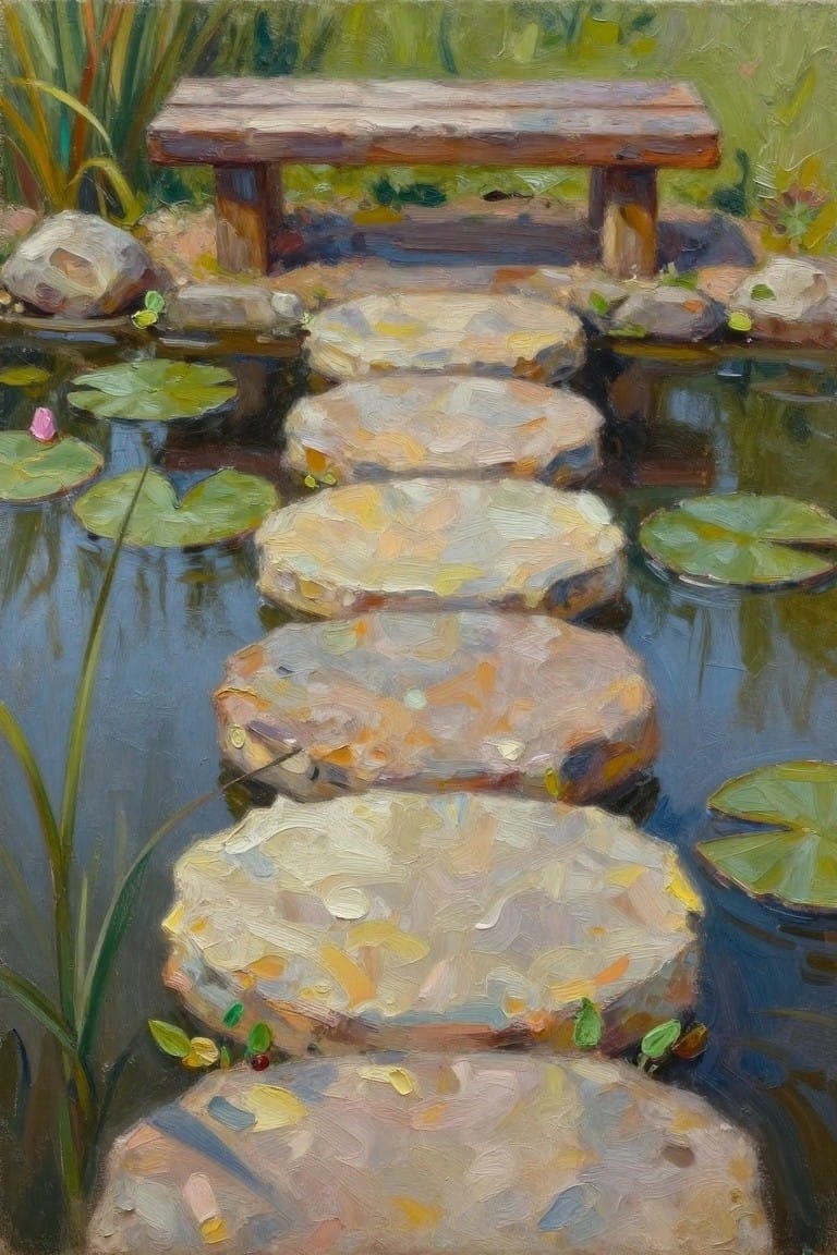 Stepping stones cross a lily pad pond toward a wooden bench in impressionist style.