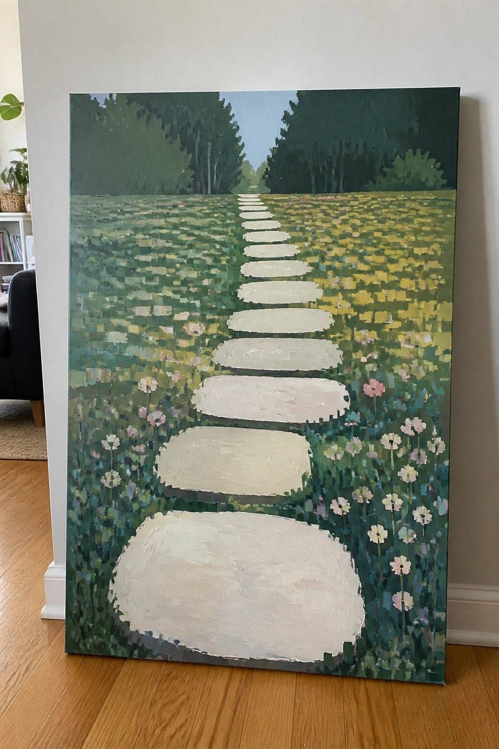 Large mosaic-style painting of white stepping stones through vibrant wildflower meadow toward trees