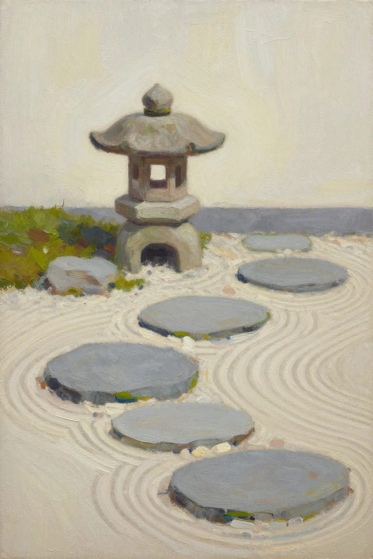 Stone lantern amid curved stepping stones in raked white zen garden sand