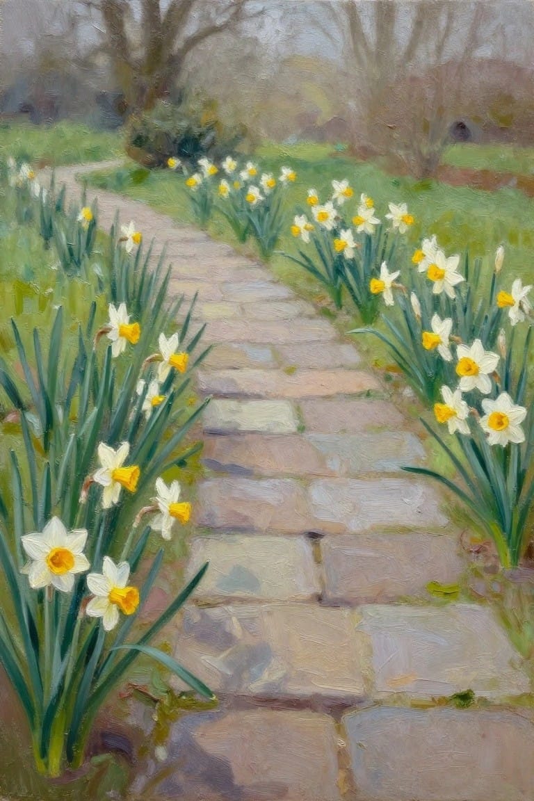 Stone path lined with white daffodils and yellow centers in lush garden.