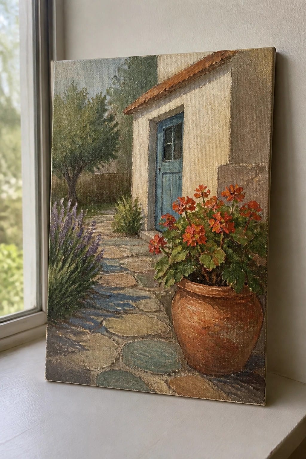 Painting of stone path to blue door, with red flowers in terracotta pot and lavender.