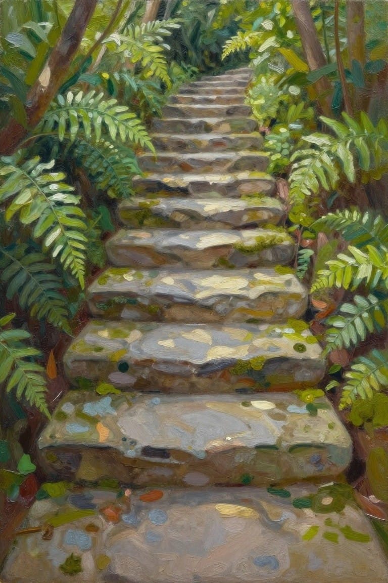 Mossy stone steps ascend through lush green ferns and forest foliage.