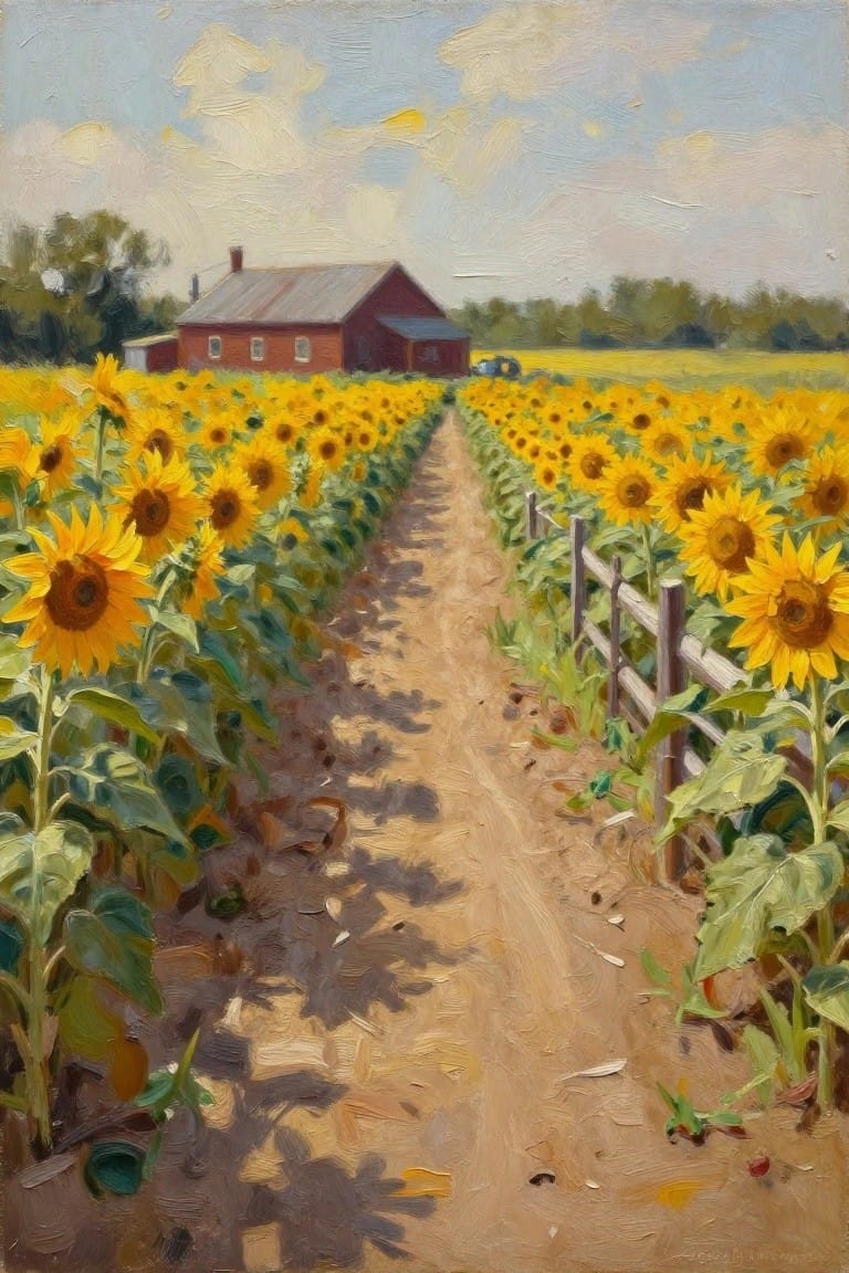 Sunflowers line a dirt path to a red barn under a blue sky in oil painting style