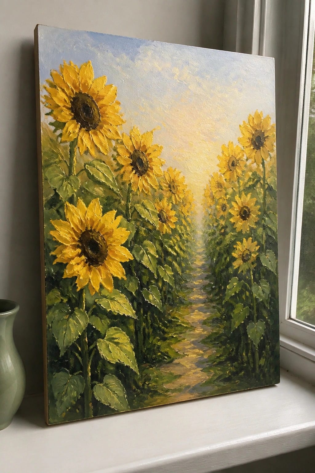 Oil painting of sunflowers lining a path through a garden field.