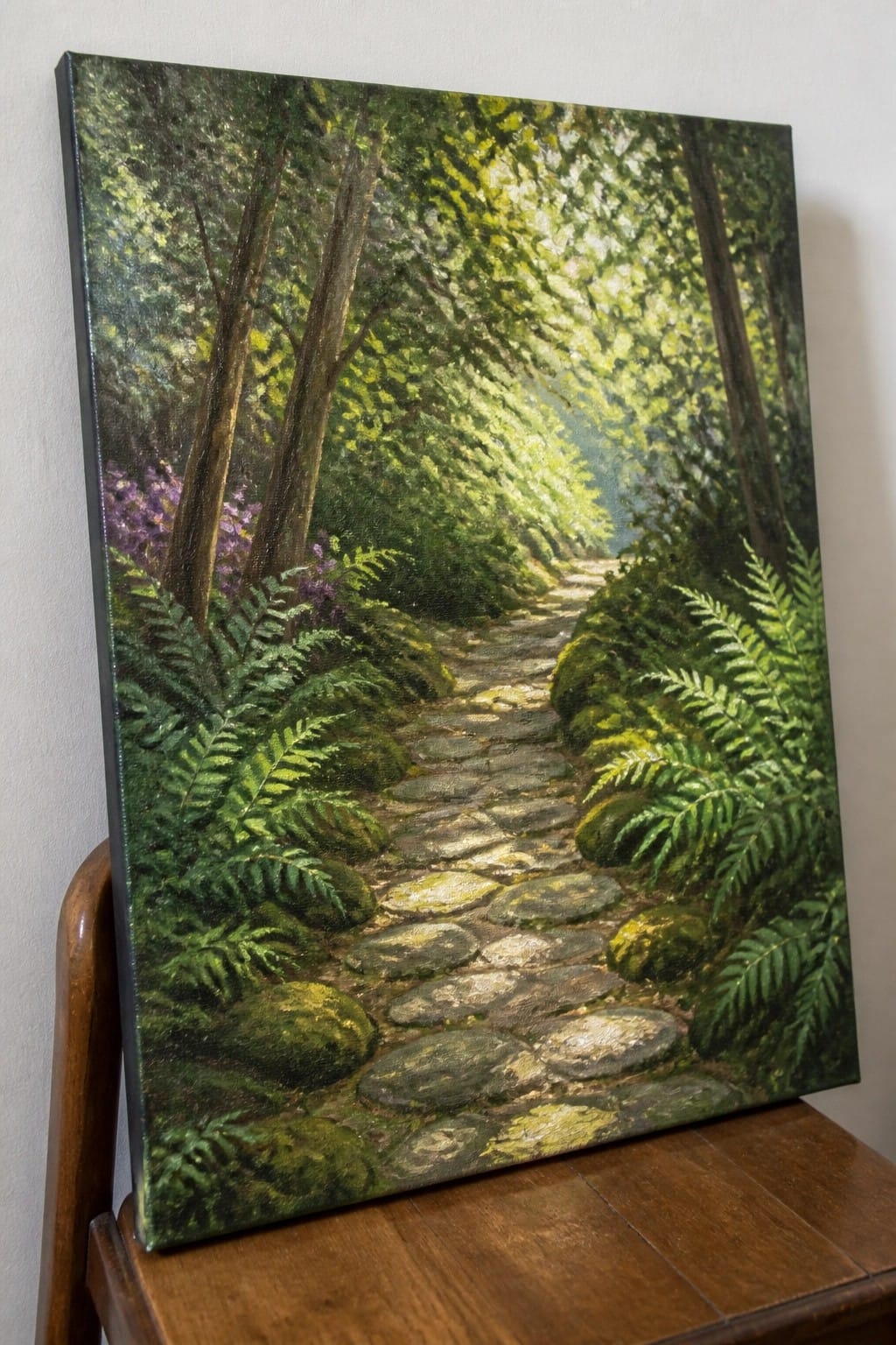 Oil painting of a sunlit stone path winding through lush green forest with ferns.