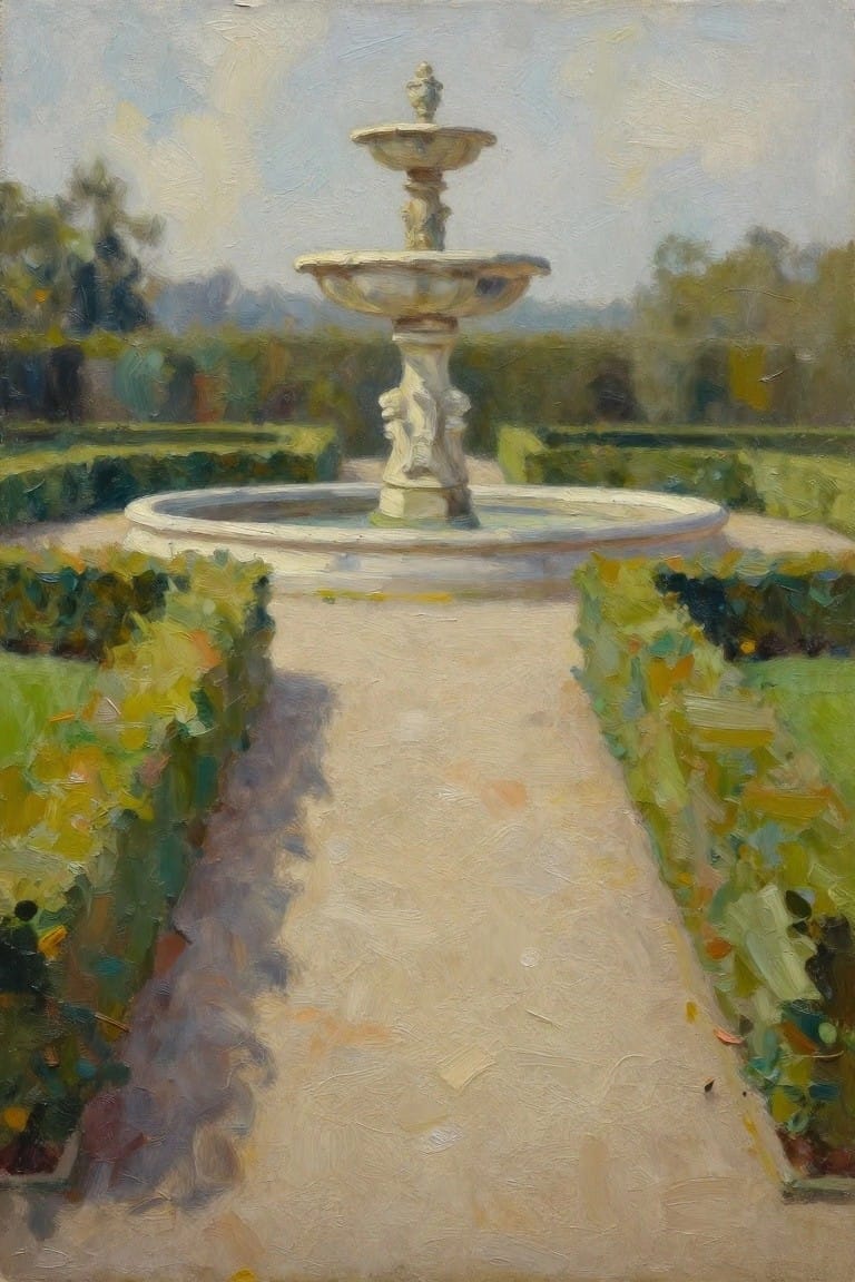 Impressionistic painting of tiered stone fountain on path between garden hedges.