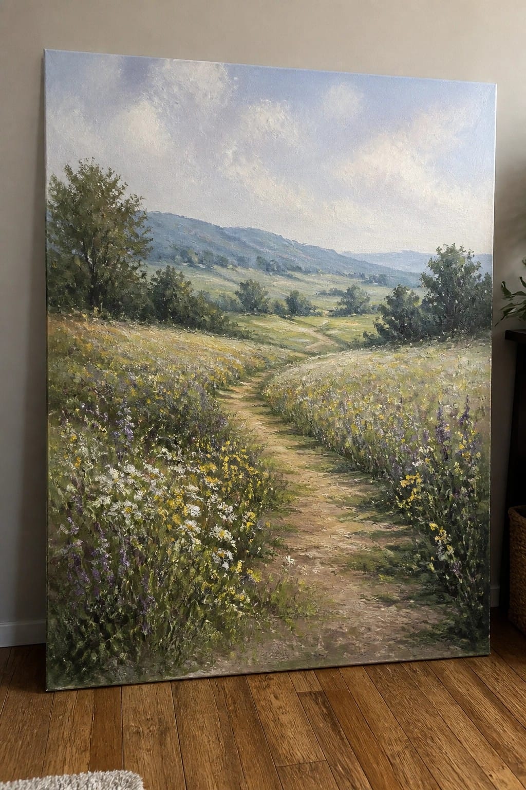 Painting of winding dirt path through wildflower meadow with hills under cloudy sky.