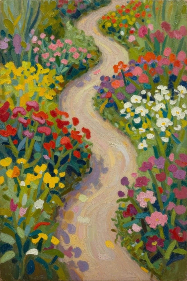 An oil painting of a winding pale path curving between dense colorful flowers on both sides.