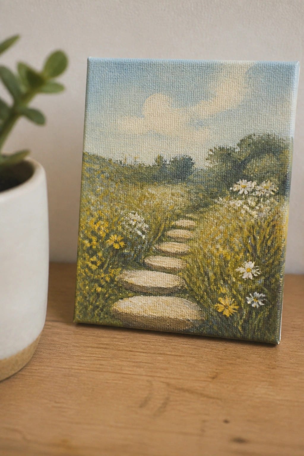 Small canvas painting of stepping stones through a wildflower meadow beside a plant