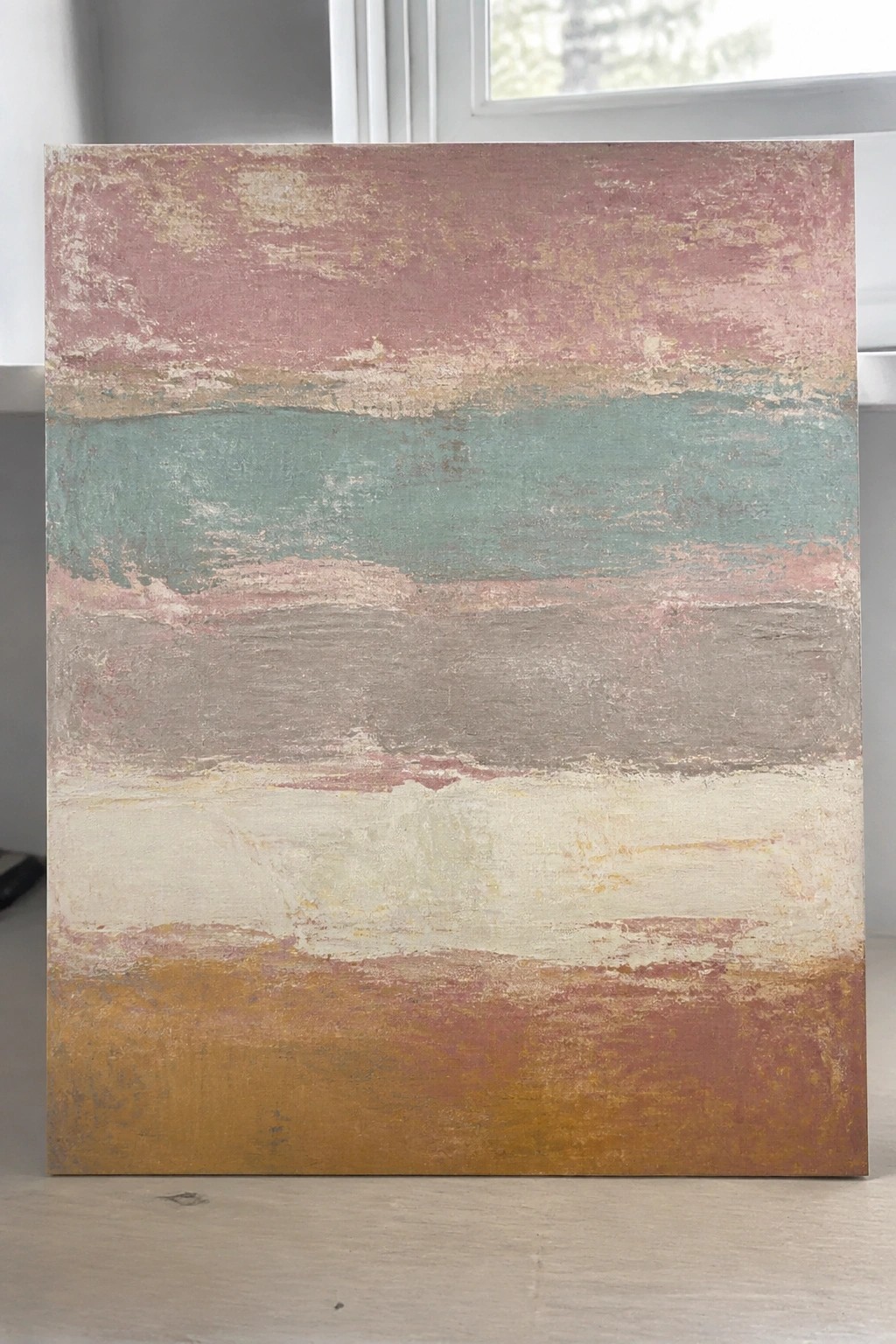 Abstract painting with textured horizontal bands in pink, teal, gray, white, and orange.