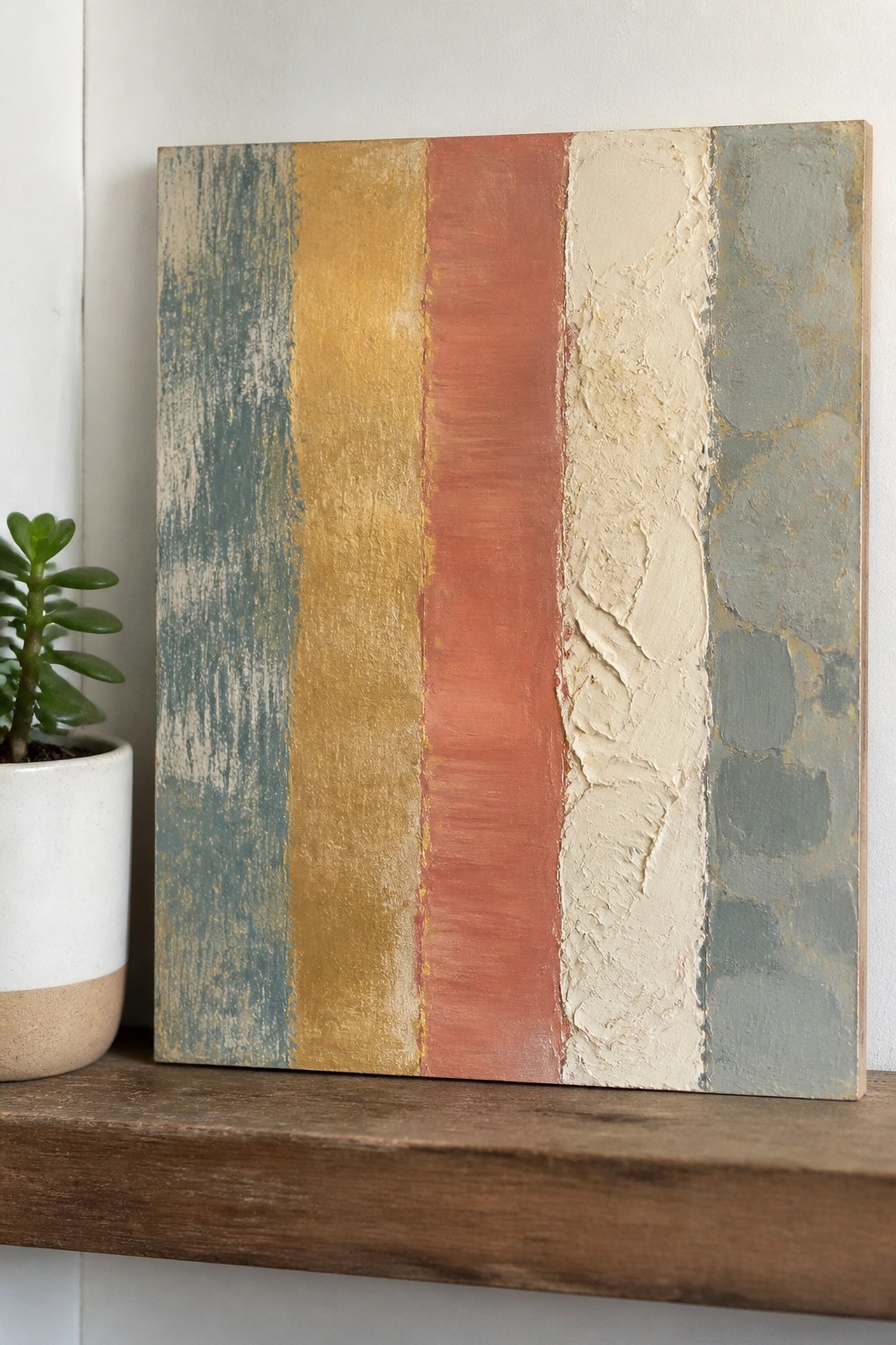Textured abstract painting with vertical stripes in earthy tones beside potted succulent on shelf