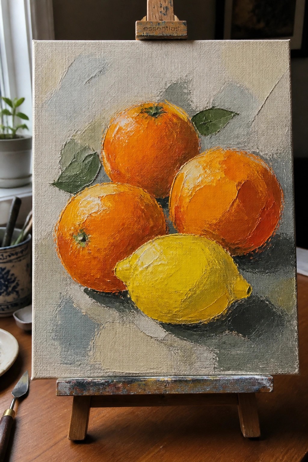 Painting of three oranges and one lemon with leaves on wooden easel