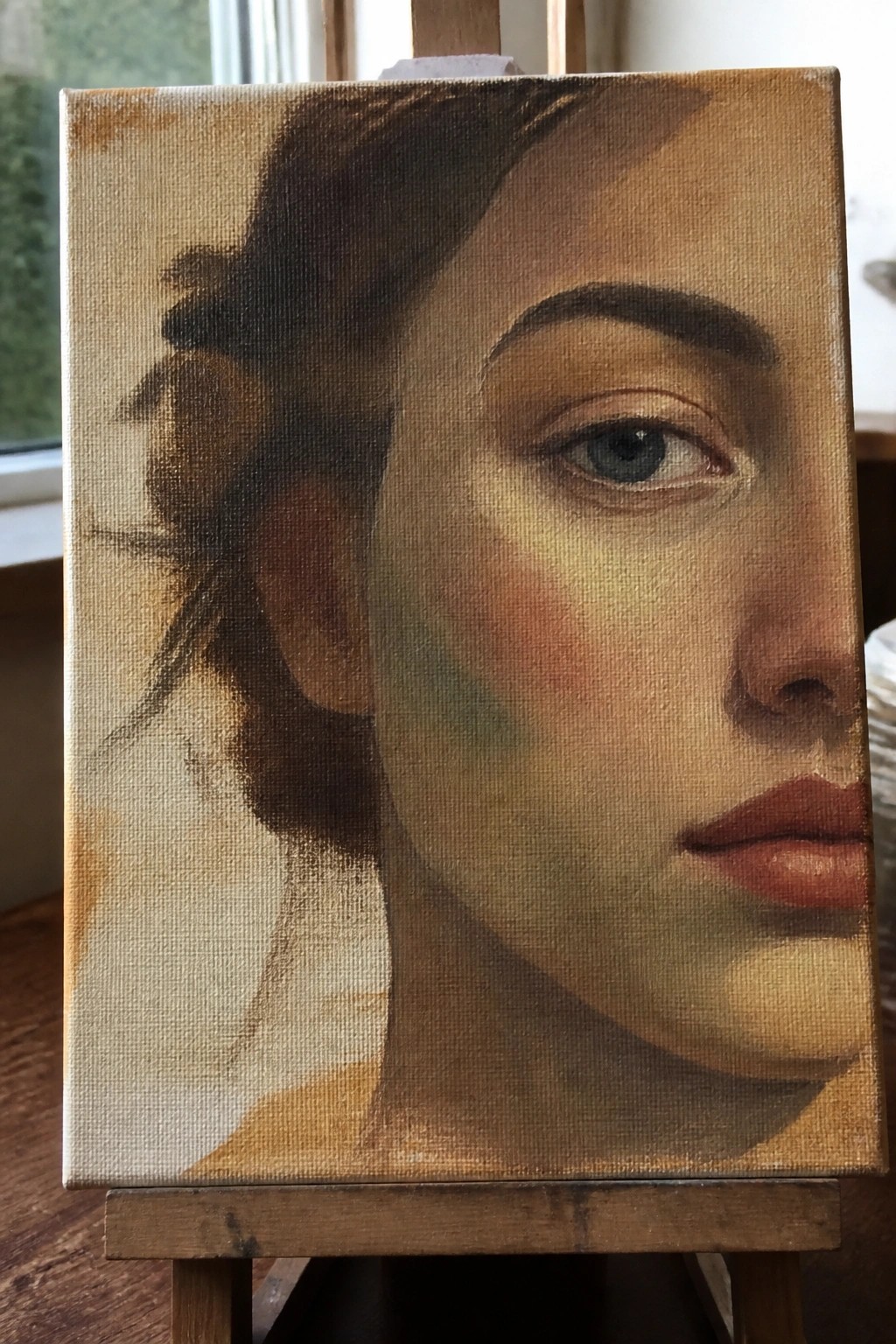 Realistic oil portrait of a woman's face on canvas atop wooden easel.