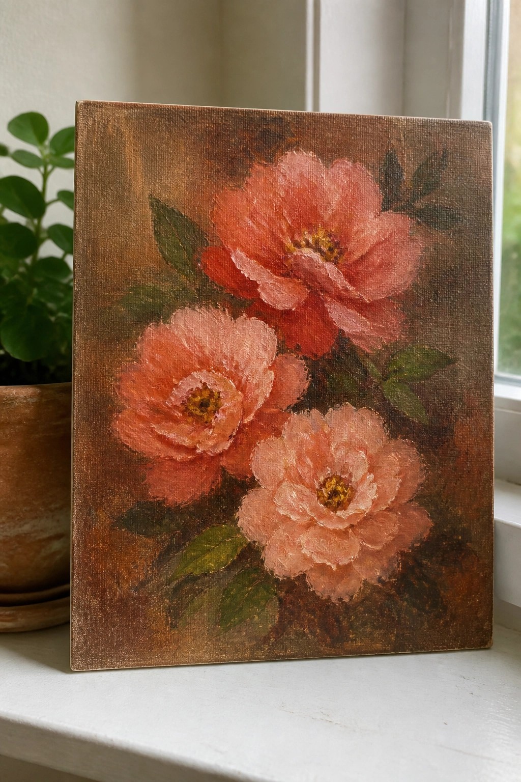 Three coral peonies with green leaves on a textured brown canvas