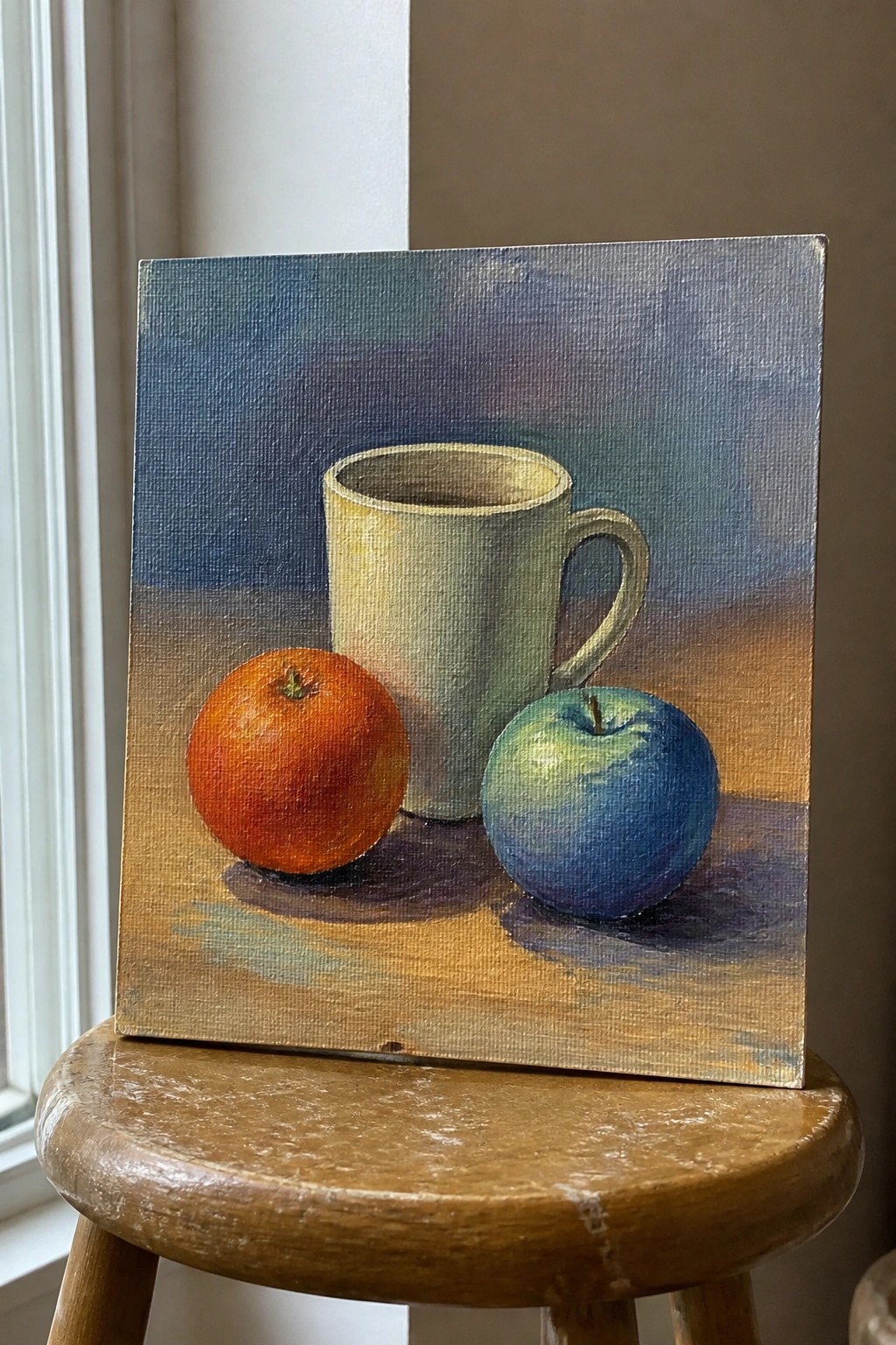 Still life painting of orange, white mug, and blue apple on wooden stool