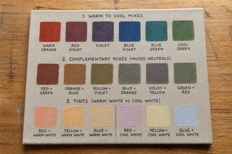 22 Creative Oil Painting Practice Ideas for Improving Color Mixing and Texture Canvas with labeled swatches showing warm-cool mixes, muted neutrals, and warm versus cool white tints.