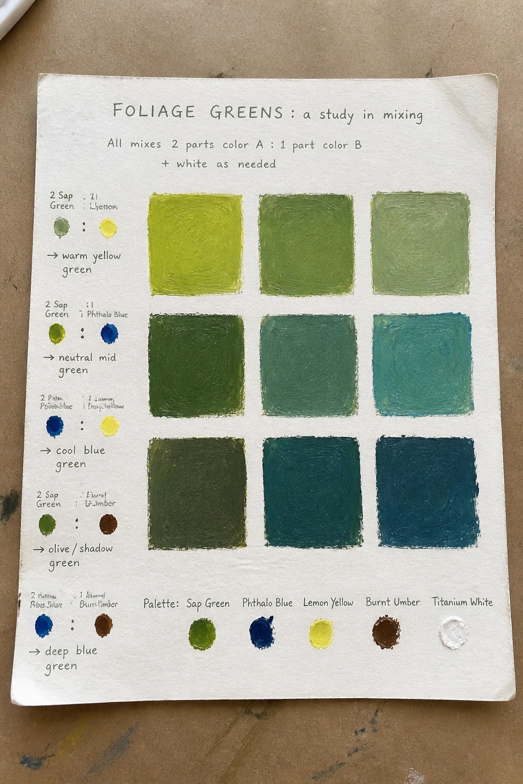 Foliage greens mixing chart with labeled paint swatches, ratios, and palette colors on paper.