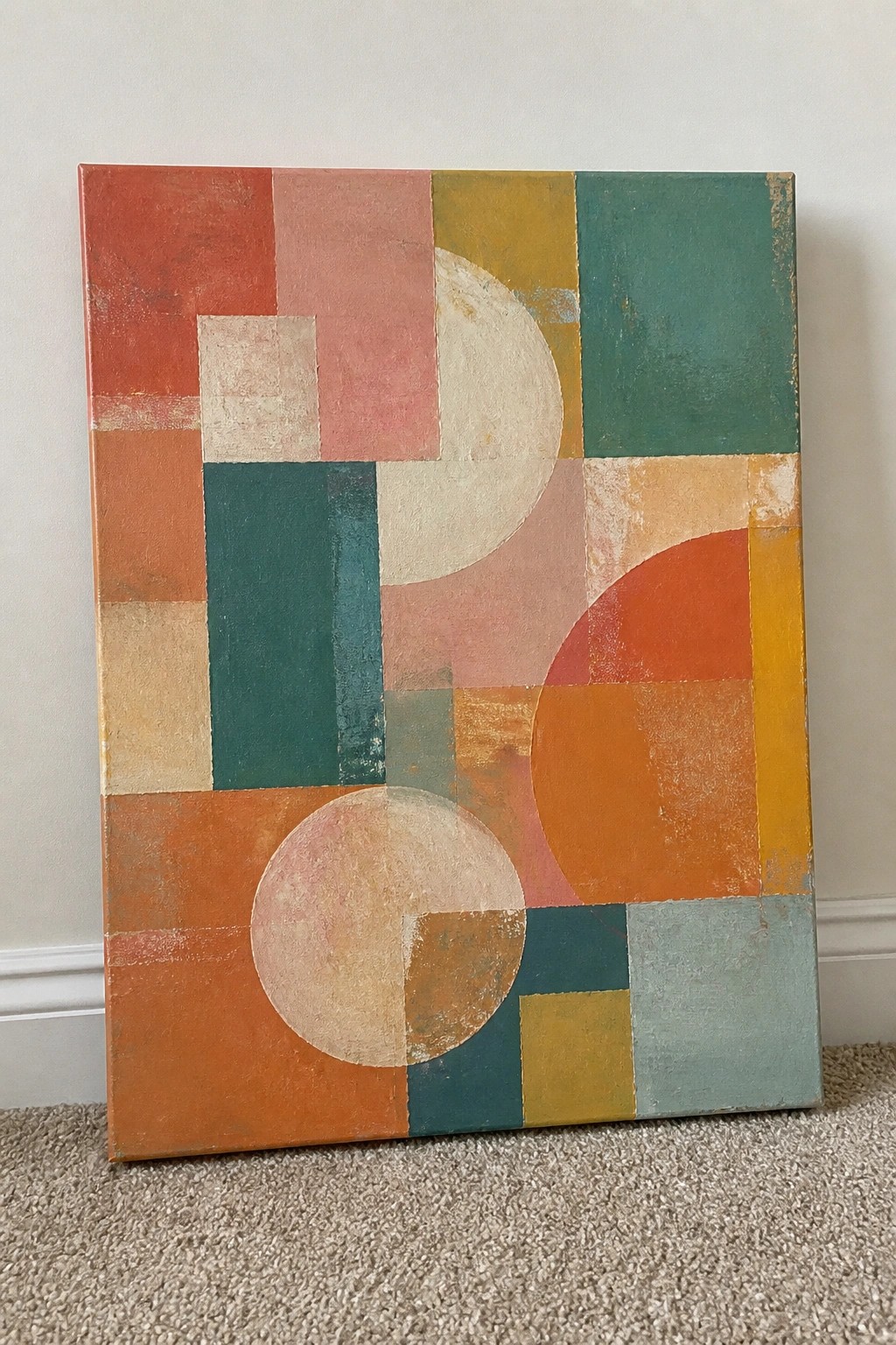 Abstract geometric painting with colorful circles, squares, and rectangles against wall on carpet
