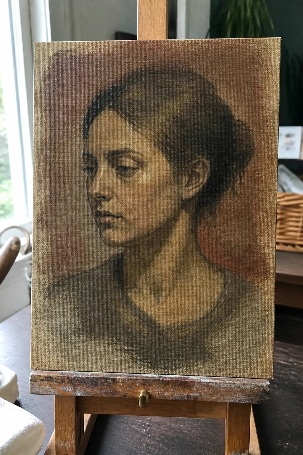 Canvas painting of a woman in profile with dark hair on wooden easel.