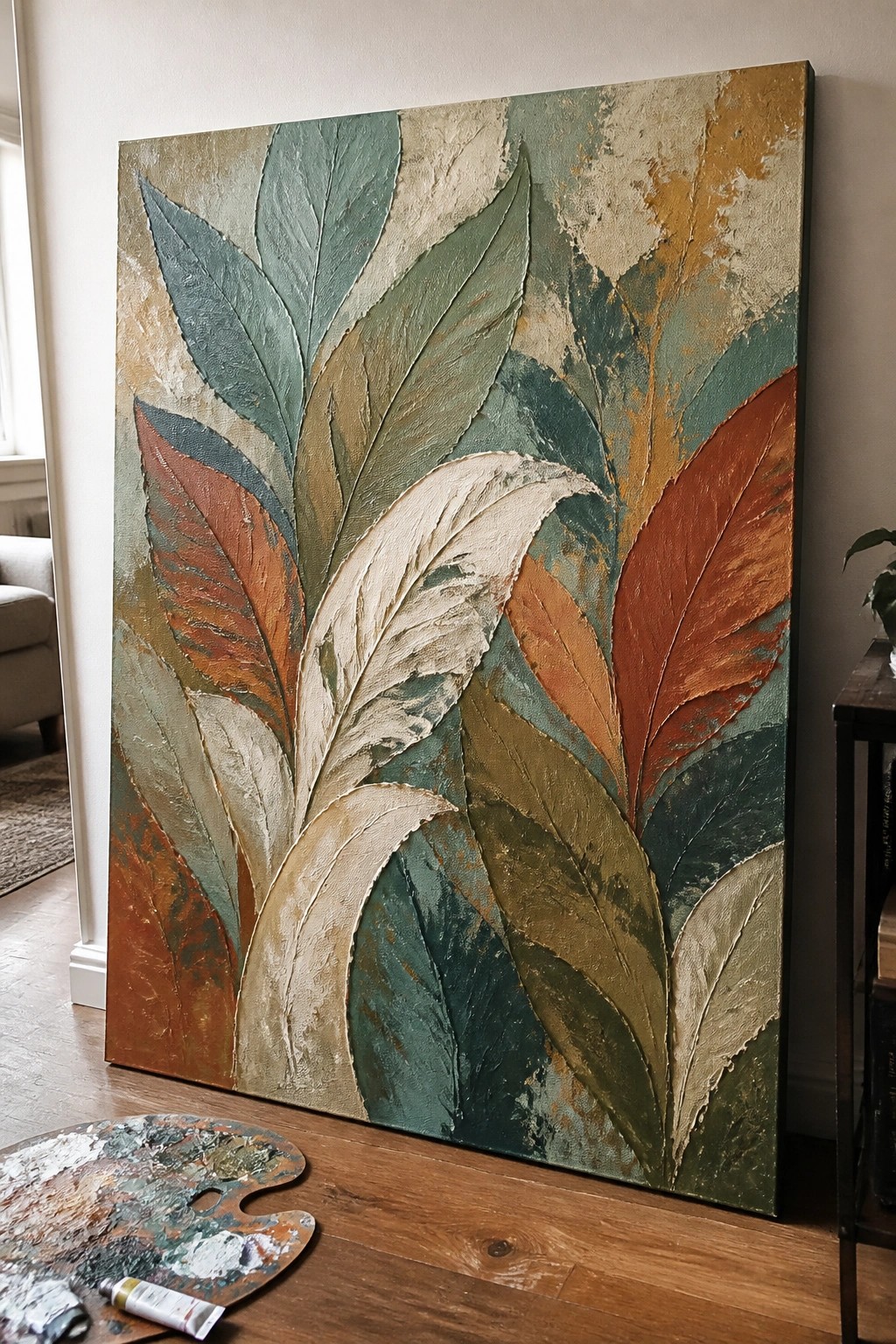 Abstract painting with textured leaves in green, orange, and beige beside paint palette on floor