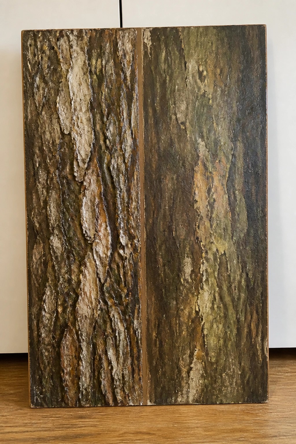 Two adjacent panels with rough vertical bark textures in browns greens and grays.