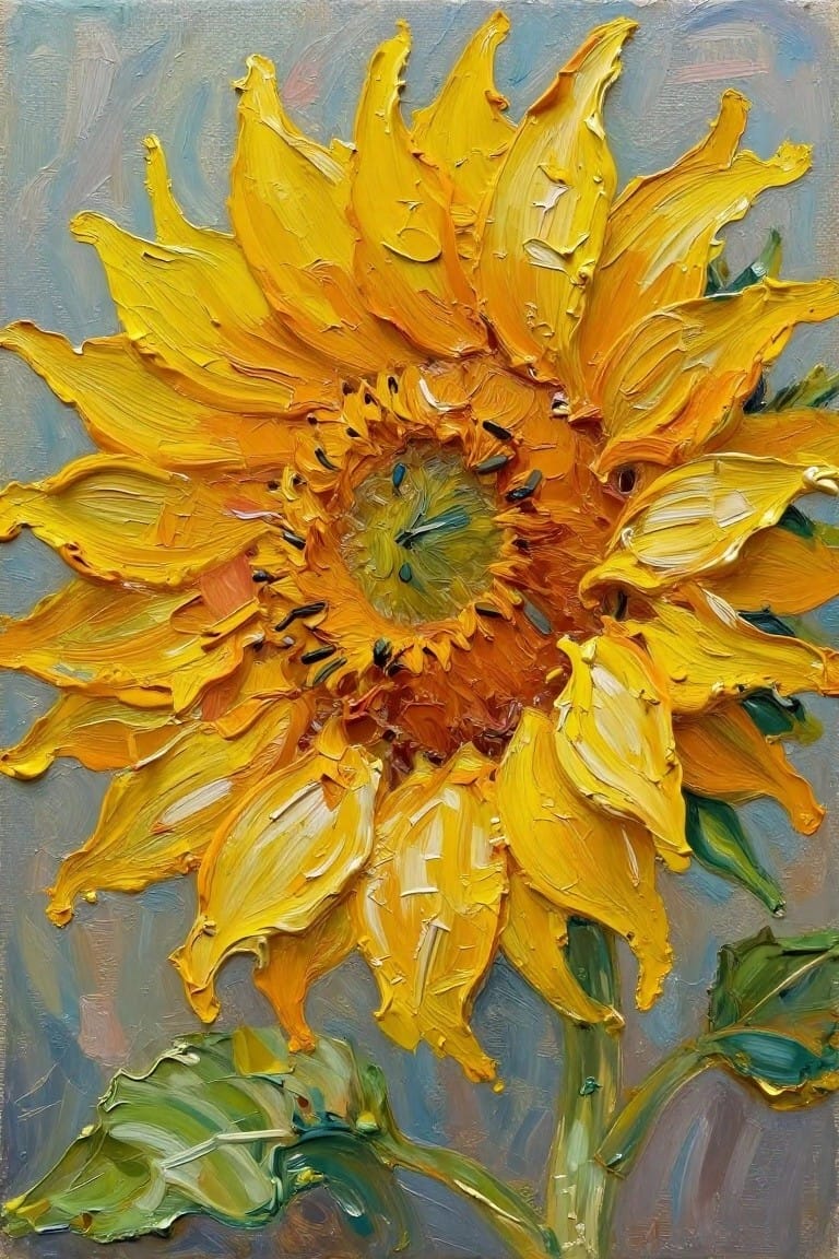 Close-up oil painting of a bright yellow sunflower with thick impasto petals, a seeded center, and green leaves against a muted blue background.