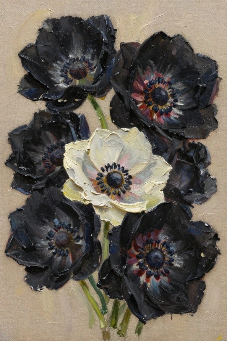 Oil painting of black anemones surrounding a central white flower with colorful centers