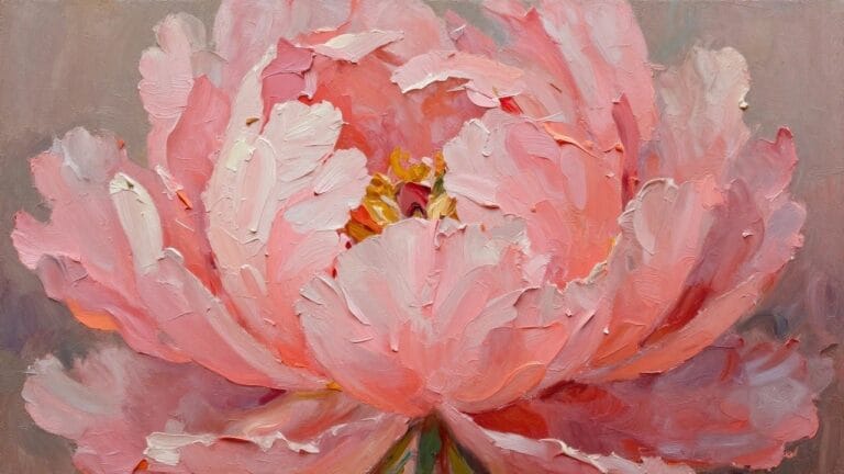 22 Creative Palette Knife Flower Oil Painting Ideas Using Thick Textured Paint Thickly textured pink peony with layered petals and vibrant yellow-orange center.