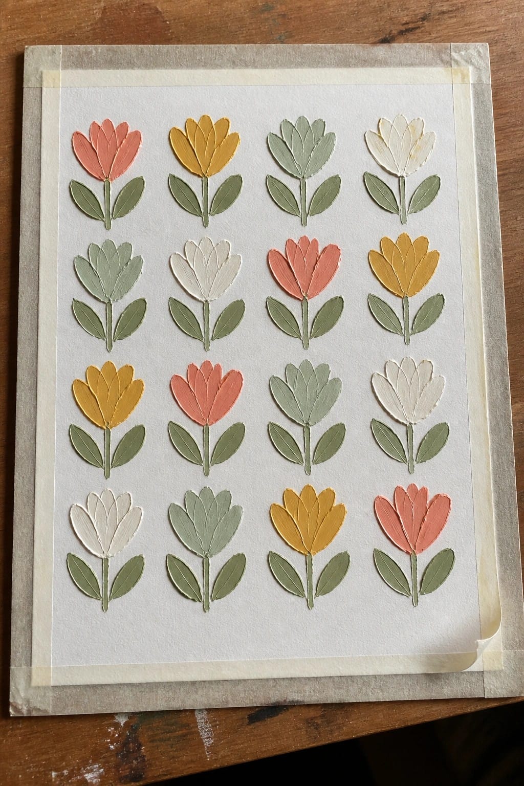 Four-by-four grid of hand-painted flowers in coral, yellow, sage, and white.