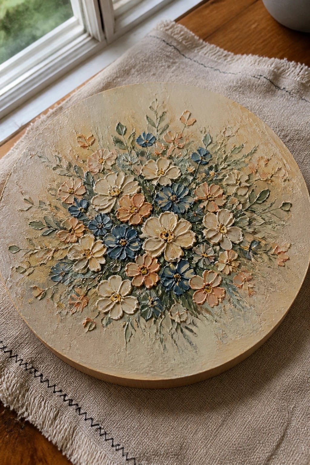 Round canvas with raised pastel flower bouquet on linen cloth.