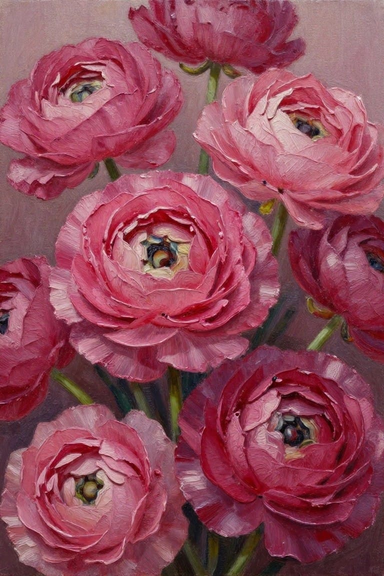 Vibrant pink ranunculus blooms with layered petals in textured oil painting