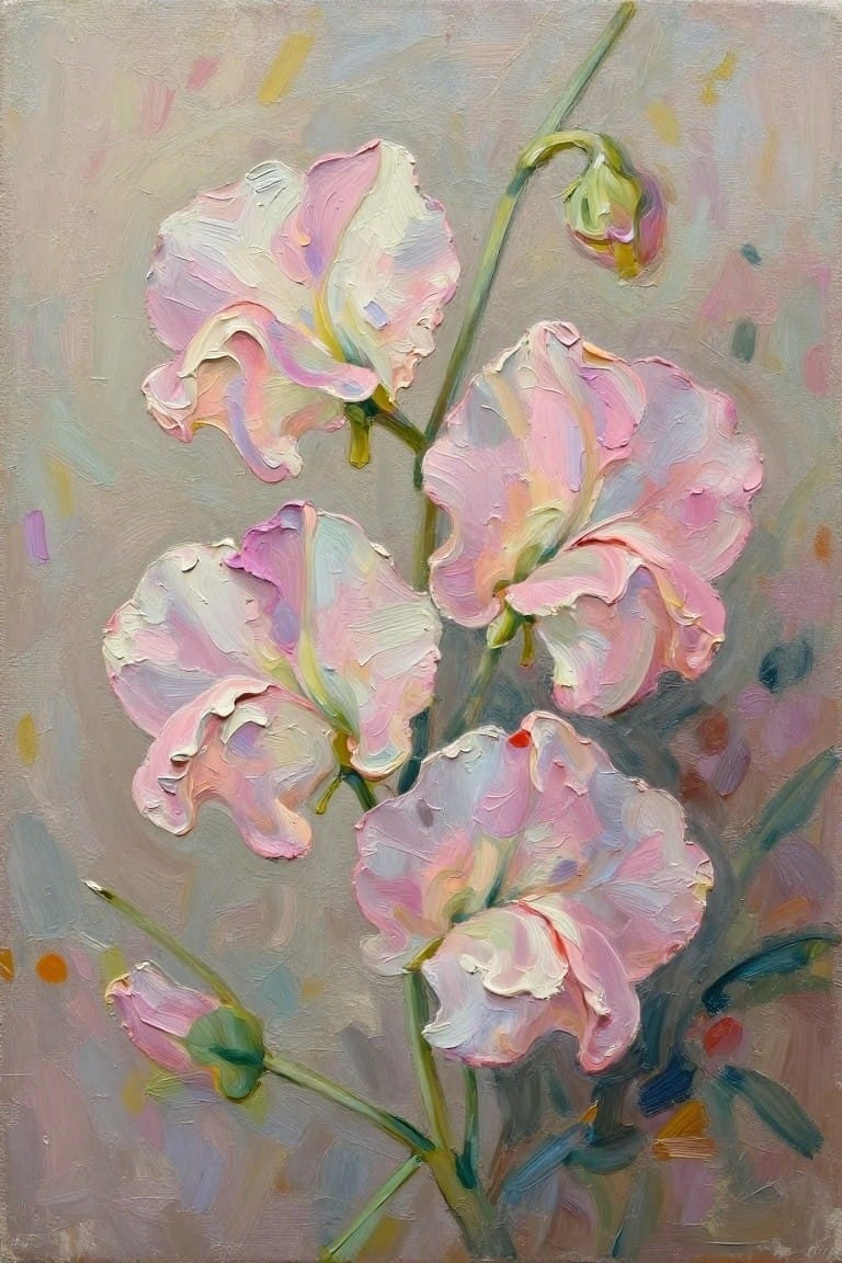 Painterly oil painting of pink and white flowers with green stems and buds
