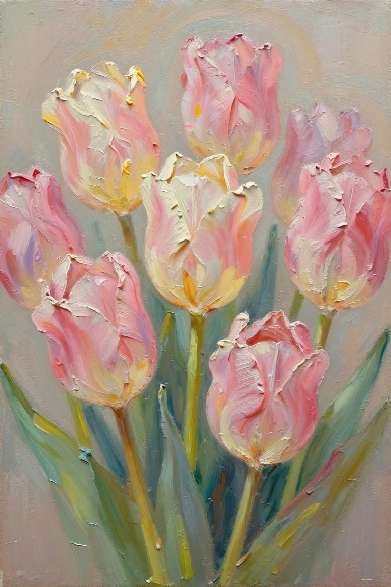 Impasto oil painting of blooming pink tulips with yellow accents and green stems.