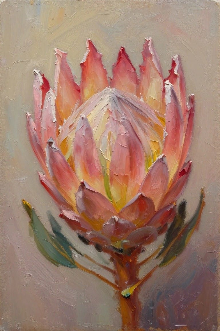 Impasto oil painting of vibrant pink-orange protea flower with textured petals and leaves.