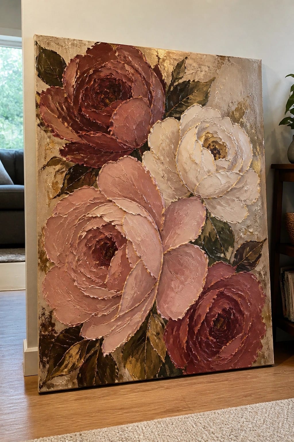 Thickly textured painting of oversized roses in burgundy, pink, and white with gold accents.