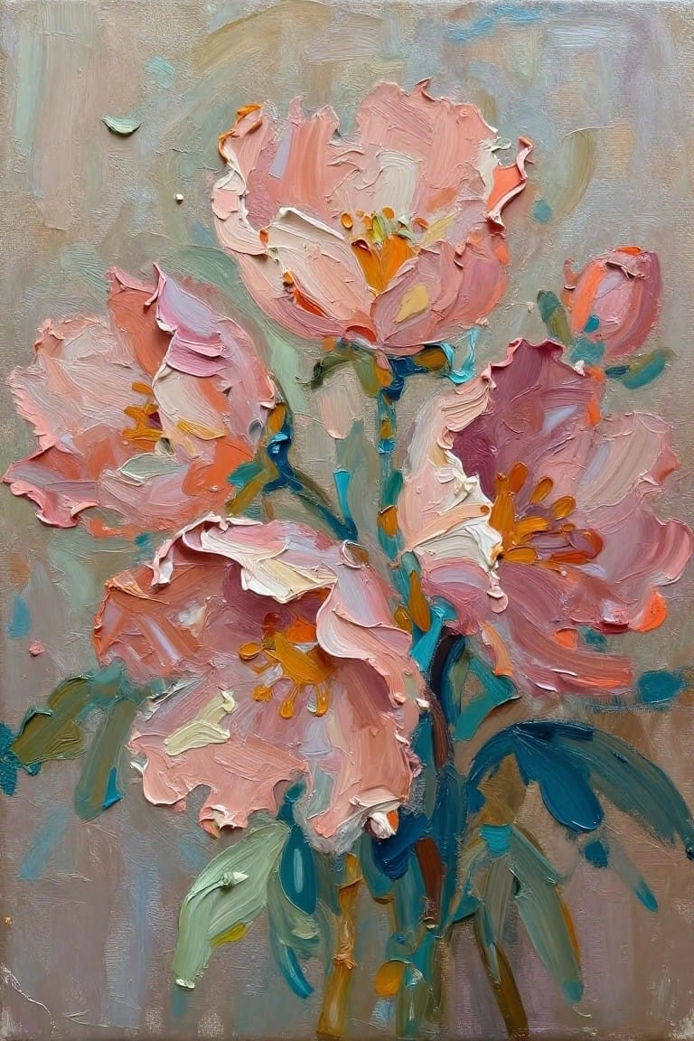 Textured oil painting of blooming pink peonies with orange centers and teal accents