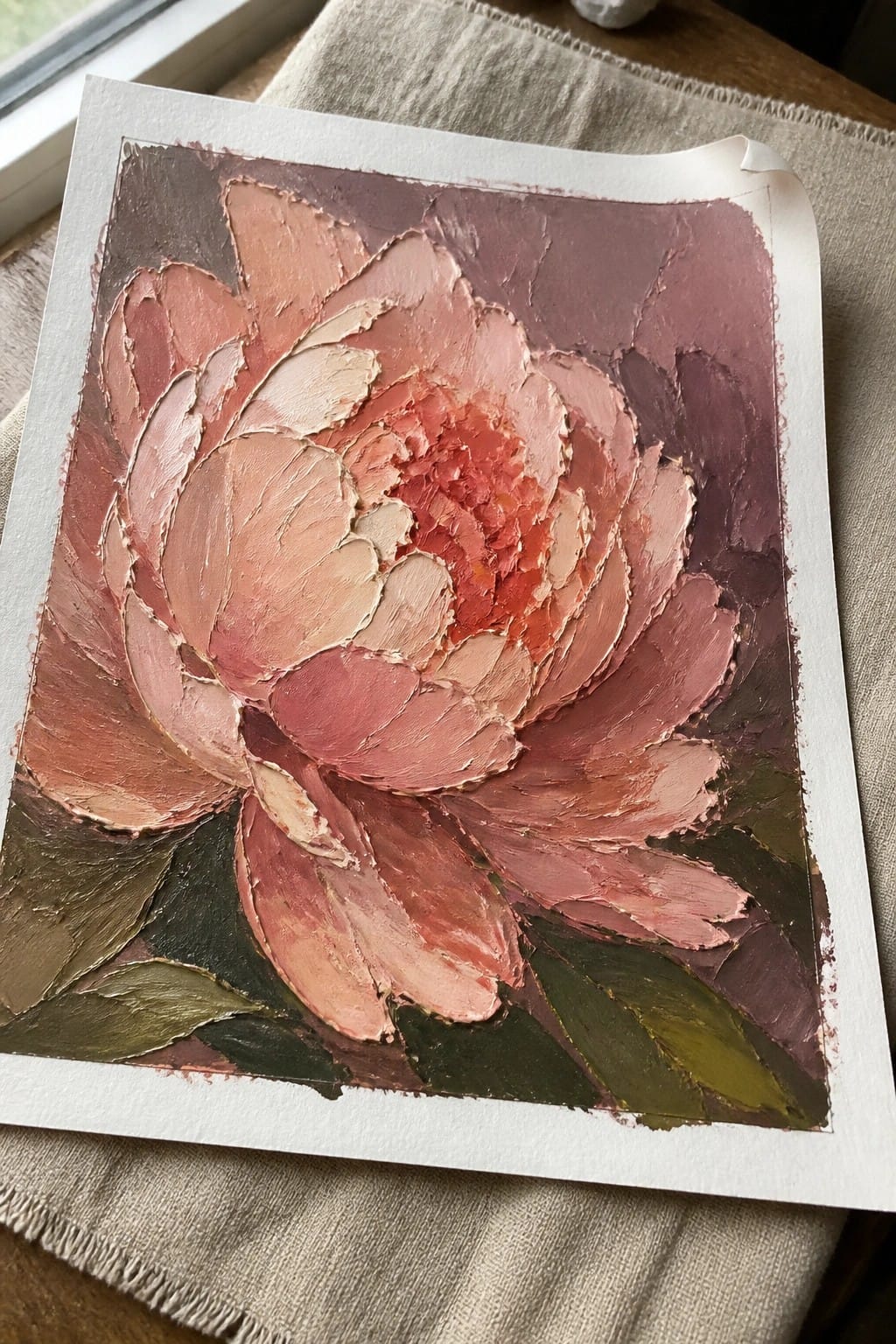 Impasto oil painting of pink peony with green leaves on beige linen fabric
