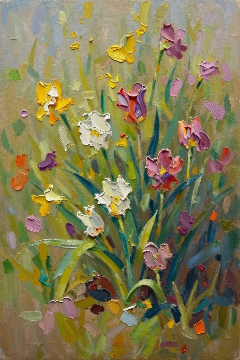 An oil painting of colorful irises and daffodils in yellow, white, purple, and pink with thick textured paint and green leaves.
